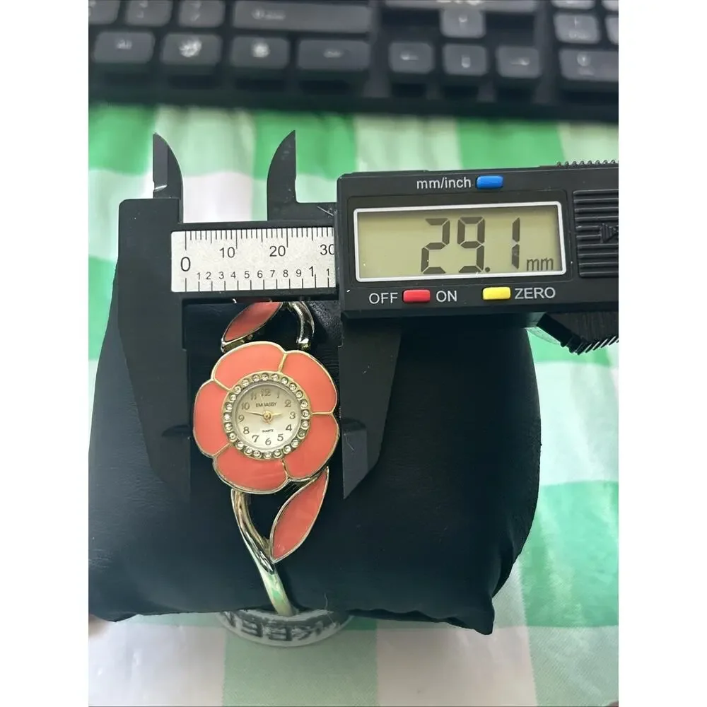 Embassy Gold Tone Orange Floral Bezel Womens Cuff Watch